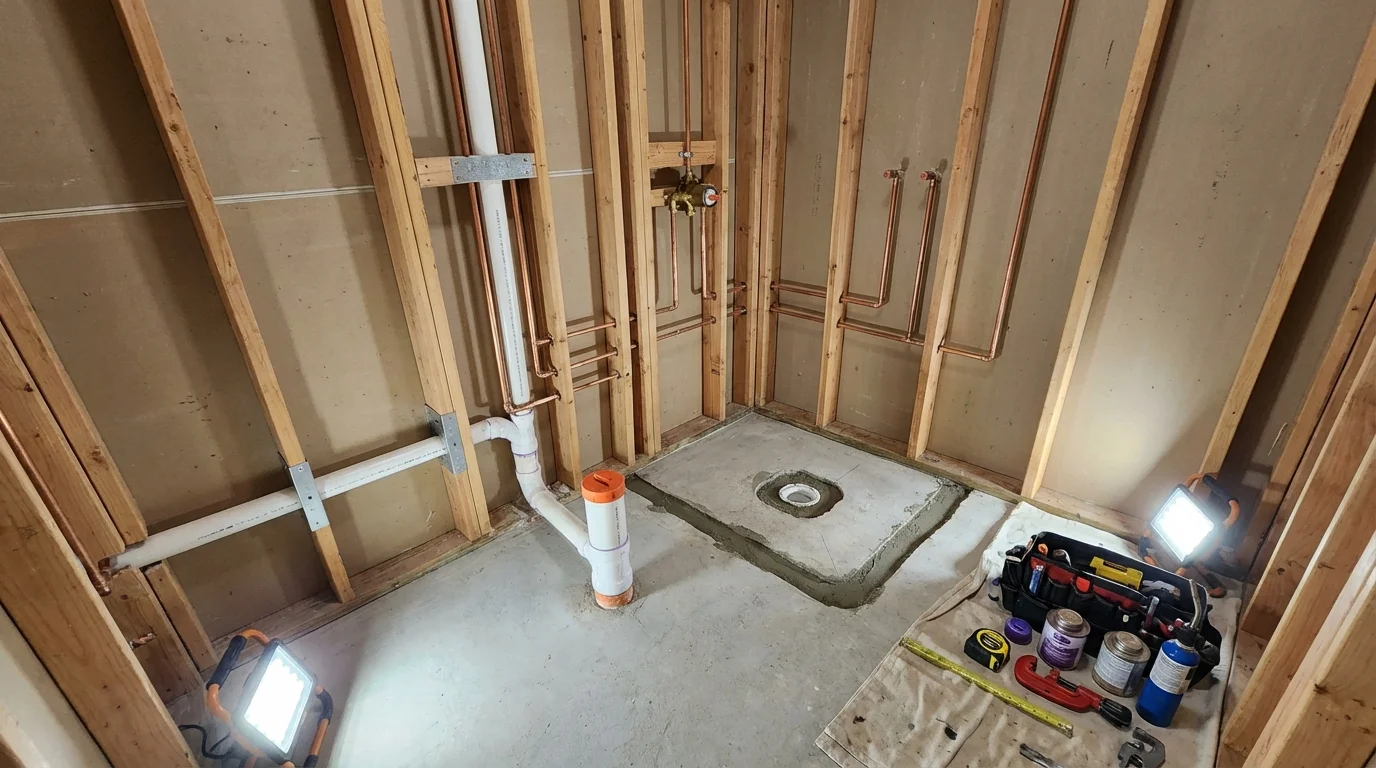 Bathroom rough-in plumbing during remodel by Johns Plumbing LLC in Park Ridge