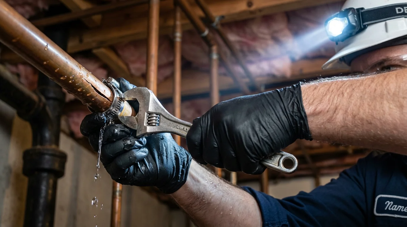 Emergency pipe clamp repair being performed by a Johns Plumbing LLC plumber in Park Ridge