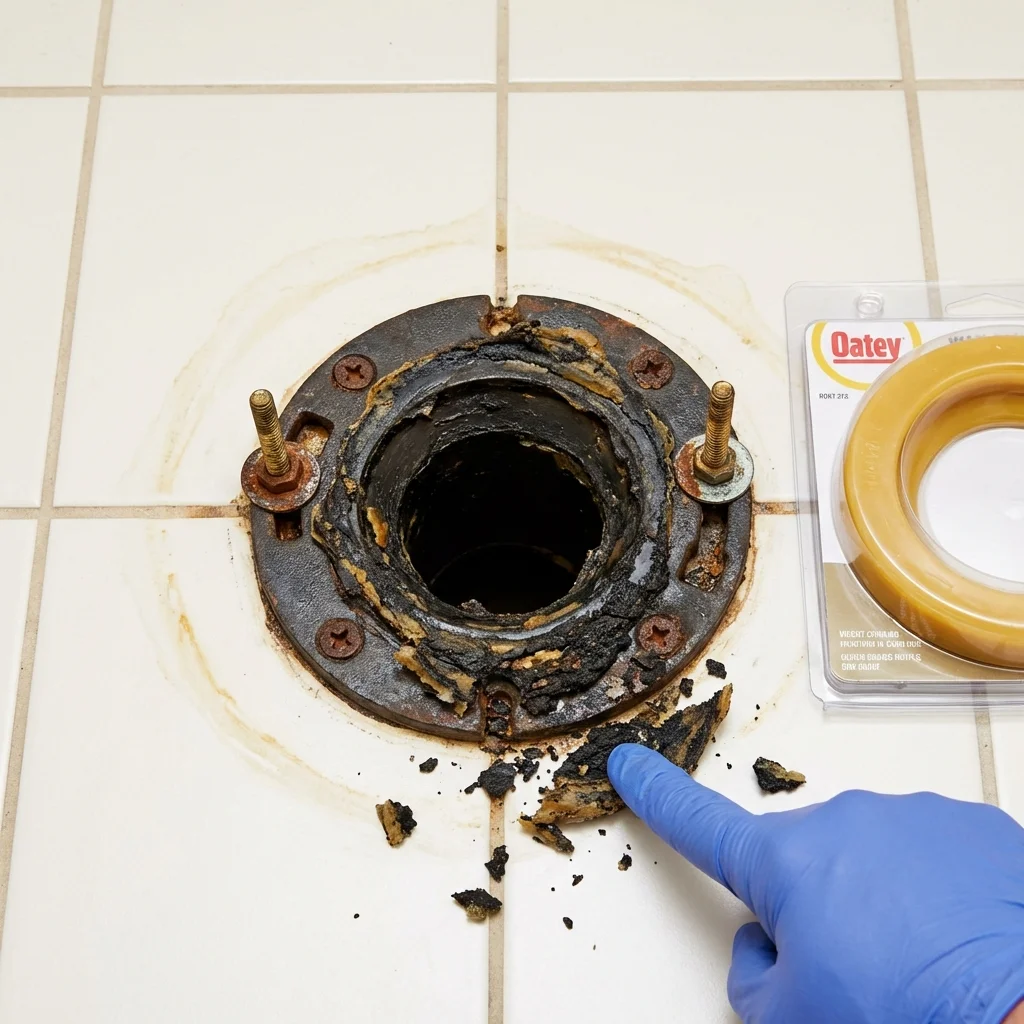 Failed wax ring showing water seepage at the base of a toilet in a Park Ridge, NJ home