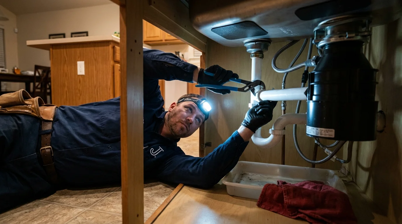 P-trap and supply line connections under a kitchen sink showing a common leak point in Park Ridge, NJ